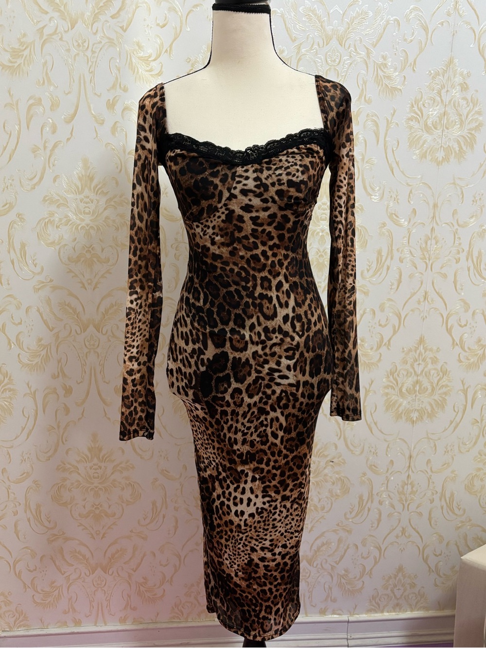 Fashion Nova Leopard-Print Long Sleeve Midi Dress - Brown/Black